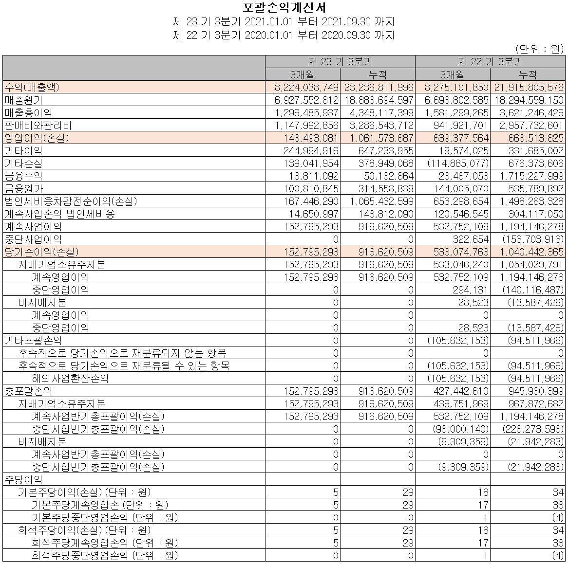 대성파인텍 - 손익계산서