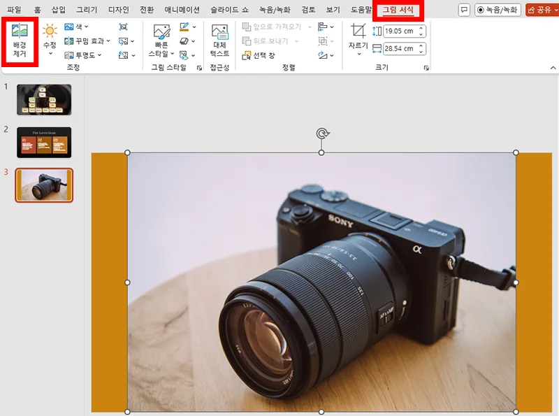 파워포인트의 그림 서식에서 배경 제거를 선택하는 모습