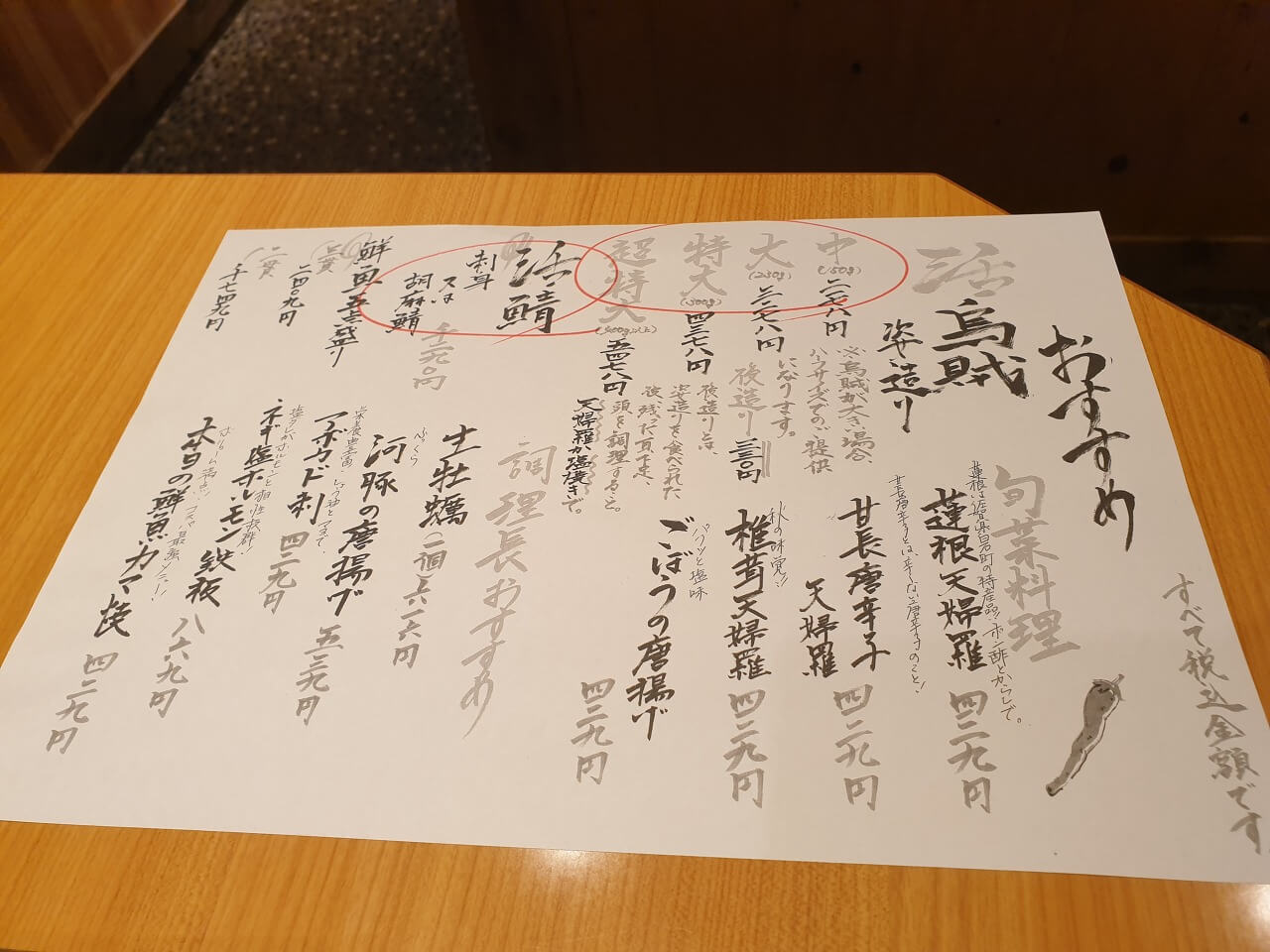 지역에서 가장 저가로 제공하는 것을 도전한다고 쓰여있다. 아주 바람직한 가게다. 그 목표 변하지 않기를 바란다. 수조 안을 들여다보니 오징어가 헤엄치고 있었다. 활오징어를 먹으러 온 사람이 할 얘기는 아니지만, 내가 생각하는 세상에서 가장 불쌍한 존재는 횟집 수조 안에 있는 생선들이지 않나 싶다. 도망도 못 가고 죽기 위해 대기 중인 거잖아. 심지어 전부 날 것 그대로로 토막나 버리기까지 하니 이 얼마나 잔혹한 일이란 말인가. 불쌍한 것.