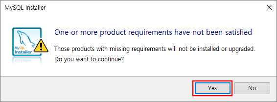 코더제로 데이터베이스 MySQL 설치 One or more product requirements have not been satisfied