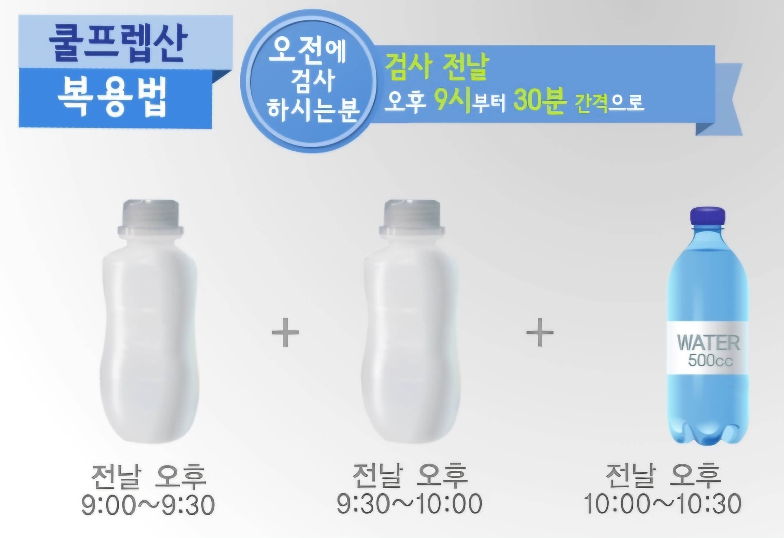 오전검사시 전날 9시부터 30분 간격으로 쿨프렙산 2회 복용후 물 500ML 복용
