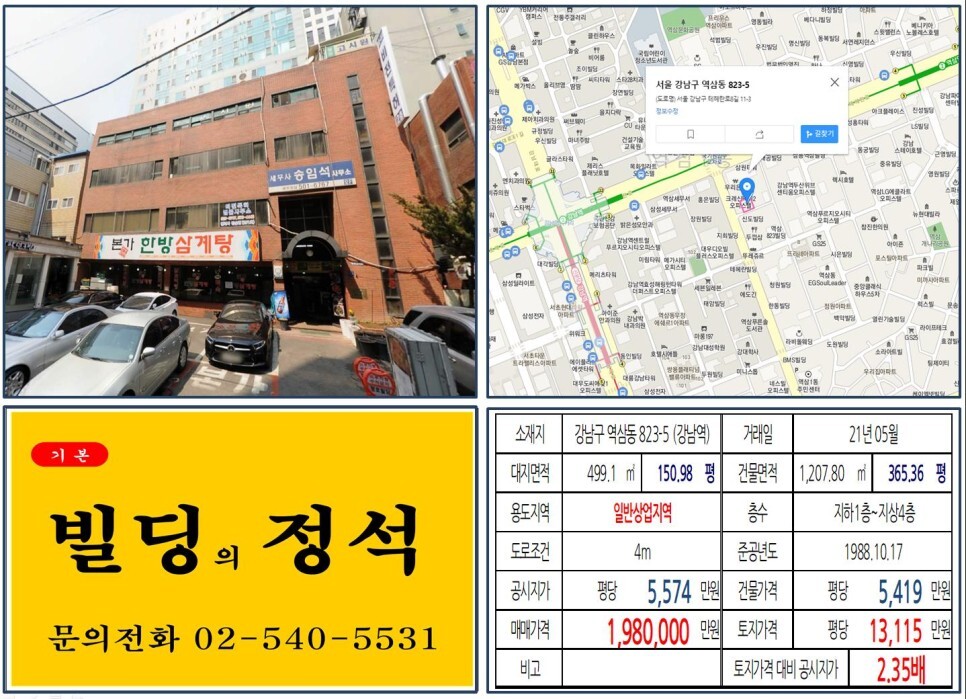  [강남구 테헤란로 100억 올근생 꼬마빌딩 실거래가 조회] 역삼동 823-5 (강남역) 198억 원, 평당 1억 3,115만 원 매매되었습니다. 강남대로, 국기원
