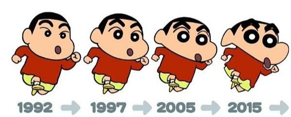 둥글던 얼굴, 눈은 커지고 턱은 뾰족하게, 성괴가 되어가는 짱구는 못말려 그림체 변천사