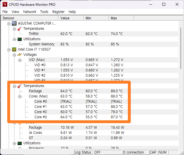 CPUID Hardware Monitor PRO 실행화면 주요 하드웨어의 정보를 모니터링할 수 있다.