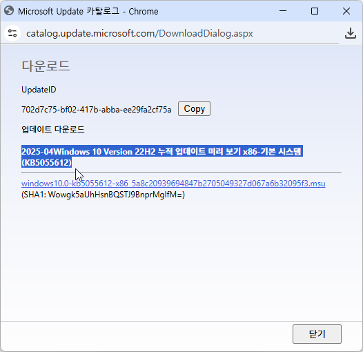 2025-04Windows 10 Version 22H2 누적 업데이트 미리 보기 x86-기본 시스템(KB5055612)