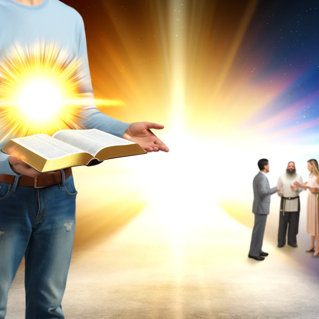 Here is the image representing a person sharing the light of the Holy Spirit and the message of eternal life with others. The scene captures the joy&amp;#44; grace&amp;#44; and dedication to spreading the blessings of everlasting life to those around them.