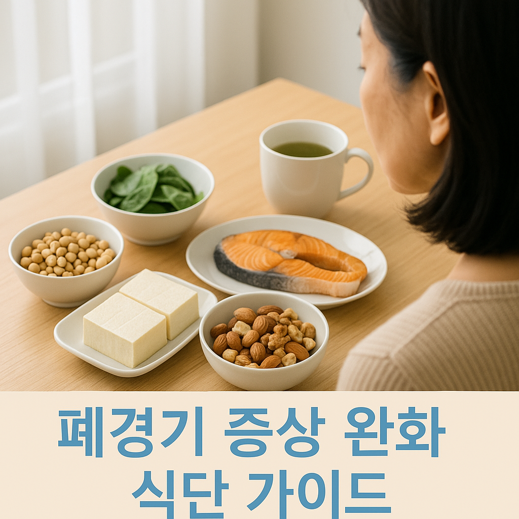 폐경기 식단을 준비 중인 중년 여성의 건강한 식탁 이미지