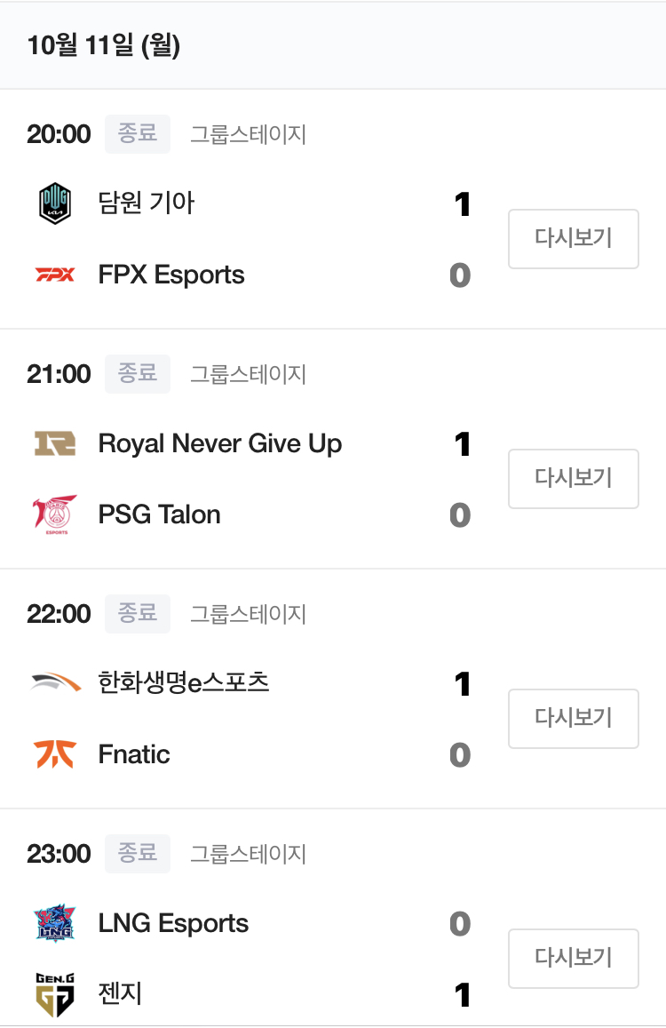  2021년 롤드컵 조별리그 1일차 결과(10/11/월)