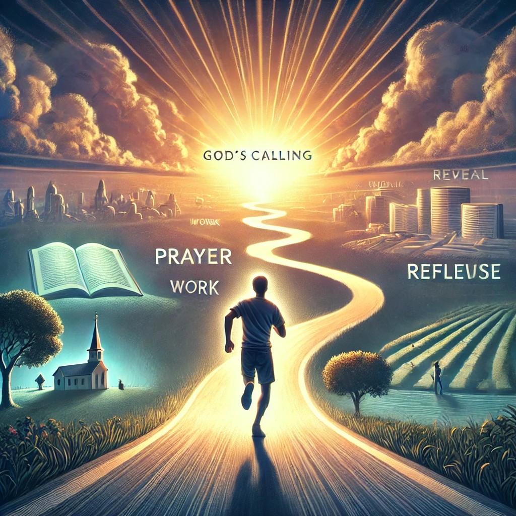 Here is an image reflecting the journey toward the prize that God has set&amp;#44; inspired by Philippians 3:13-14. The person is running toward a glowing goal&amp;#44; symbolizing their determination to live a life where God is revealed through prayer and daily actions. The light at the end represents the ultimate reward of faith and perseverance&amp;#44; guided by divine purpose.