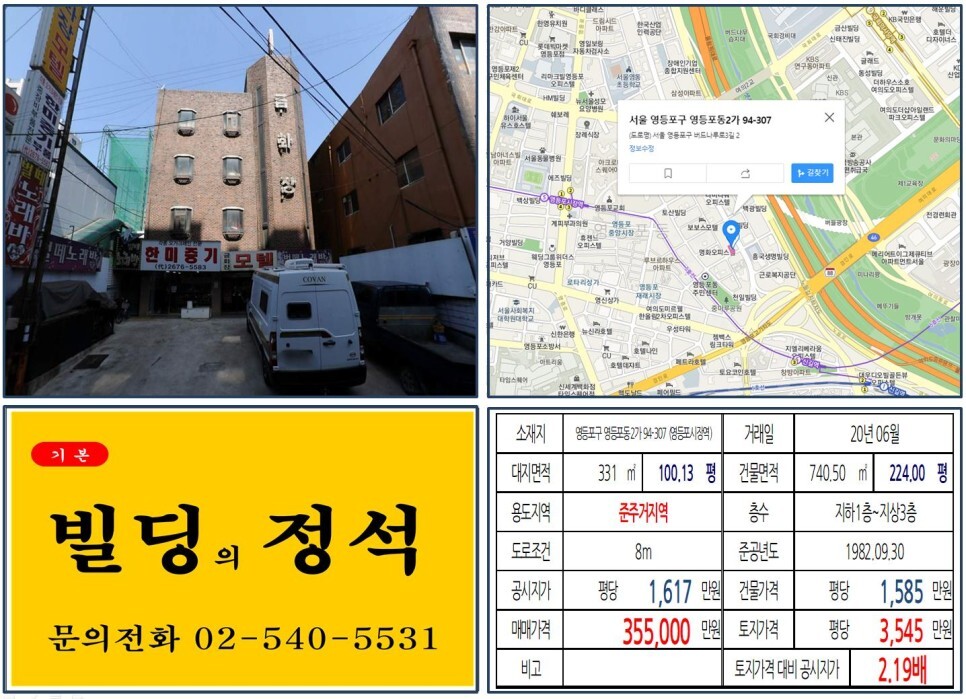 [영등포구 영등포시장 30억 꼬마빌딩 실거래가 조회] 영등포동2가 94-307 (영등포시장역) 35.5억 원, 평당 3,545만 원 매매되었습니