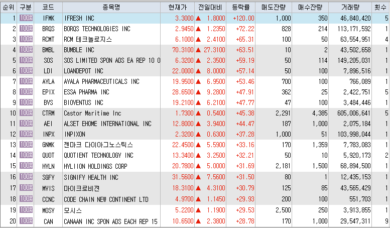  2월11일 미국주식 상승률 상위 종목 TOP 300