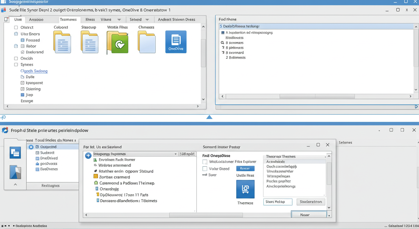 (Image Prompt: Split image. Top: Cleanly organized File Explorer window showing subject folders and well-named files synced with OneDrive icon. Bottom: Screenshot of Microsoft Word showing the 'Styles' pane or PowerPoint showing 'Themes'. Style: Informative screenshots.)
