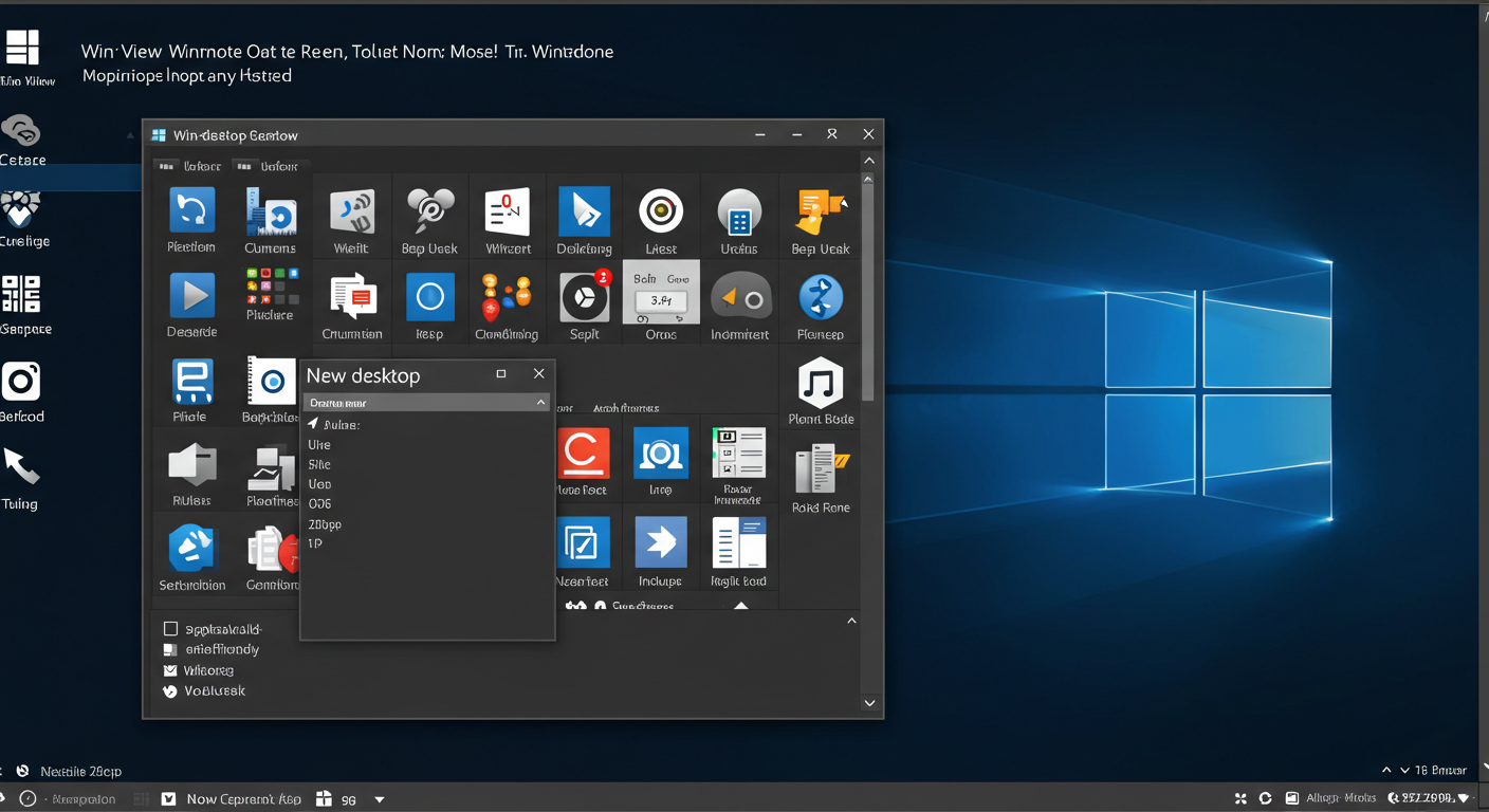 (Image Prompt: Screenshot of the Windows 10 Task View (Win+Tab). Show multiple application windows tiled nicely, and prominently display the 'New desktop' button or multiple desktop thumbnails at the top. Style: Clean, functional screengrab.)