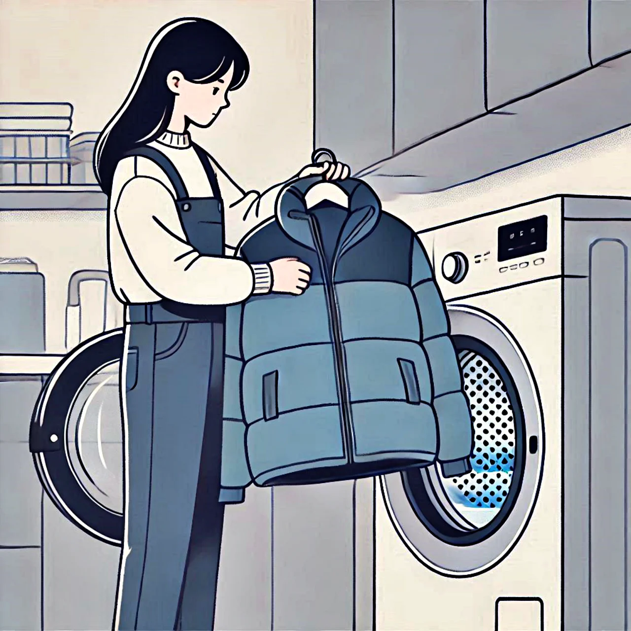 패딩을 옷걸이에 거는 여성 일러스트 / An illustration of a woman hanging a padded jacket on a hanger