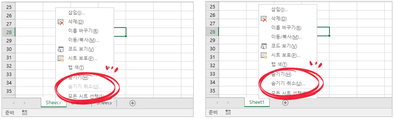 시트 탭이 숨겨짐 여부 확인 방법