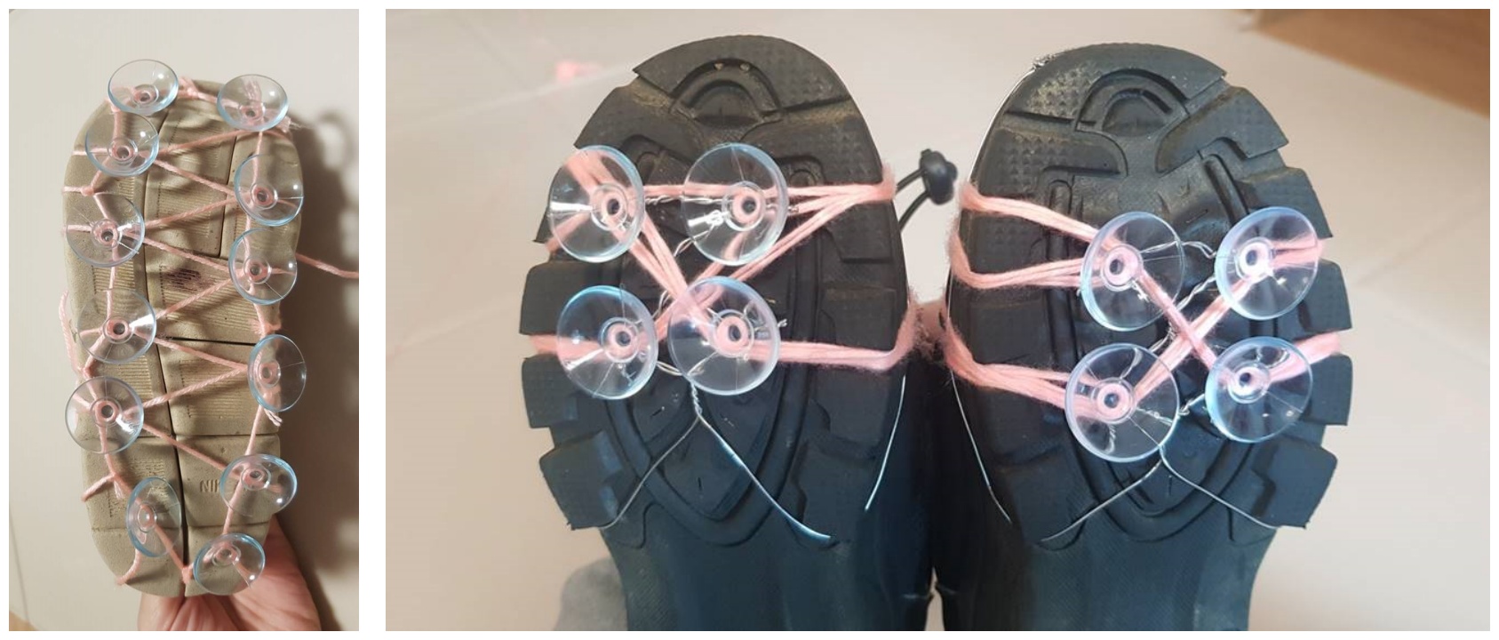 왼쪽은 실을 이용해서 신발 바닥에 빨판을 붙인 모습, 오른쪽은 실과 철심을 이용해 신발 바닥에 빨판을 붙인 모습.