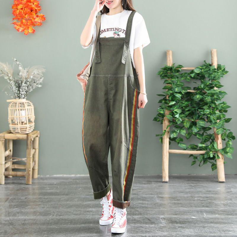 루즈핏 데님 점프수트 카키색 멜빵바지
