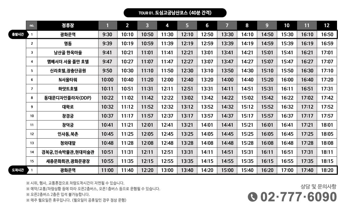 도심고궁남산코스 시간표