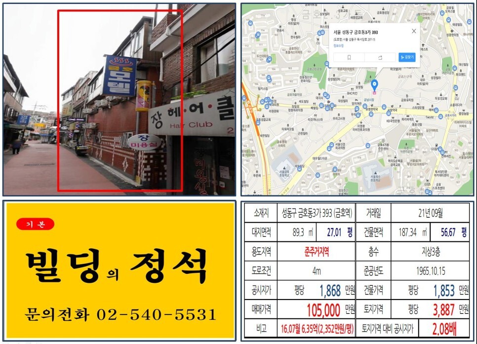  [성동구 금남시장 10억 꼬마빌딩 실거래가 조회] 금호동3가 393 (금호역) 10억 5,000만 원, 평당 3,887만 원 매매되었습니다.