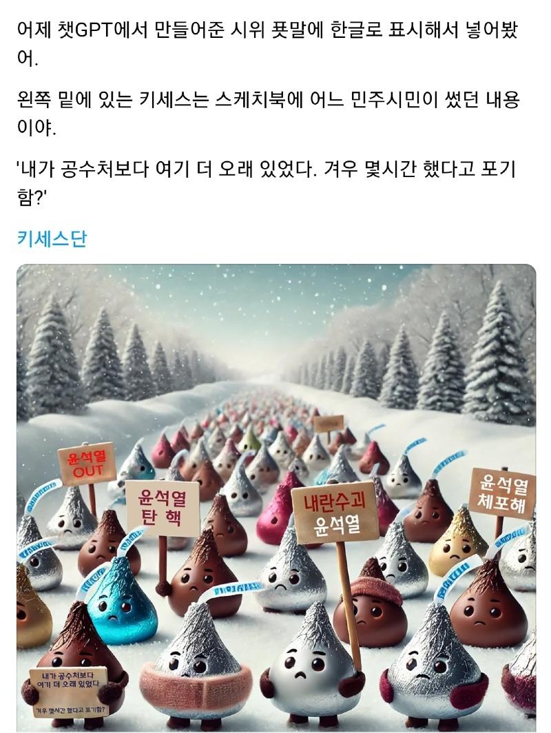 어제 챗GPT에서 만들어준 시위 푯말에 한글로 표시해서 넣어봤 어.
왼쪽 밑에 있는 키세스는 스케치북에 어느 민주시민이 썼던 내용 이야.
'내가 공수처보다 여기 더 오래 있었다. 겨우 몇시간 했다고 포기 함?'
키세스단