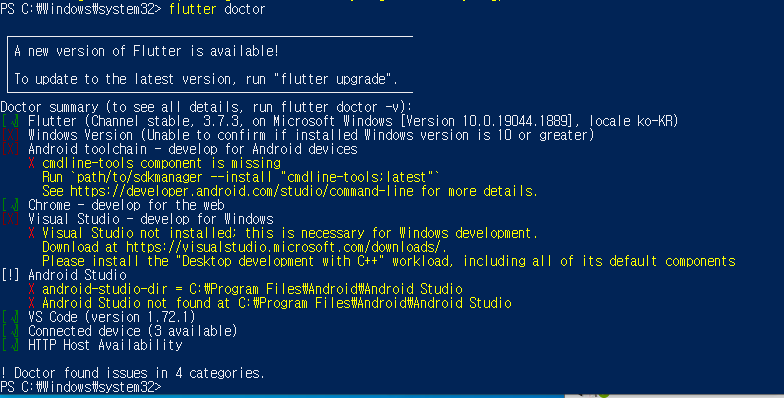 flutter doctor 실행화면