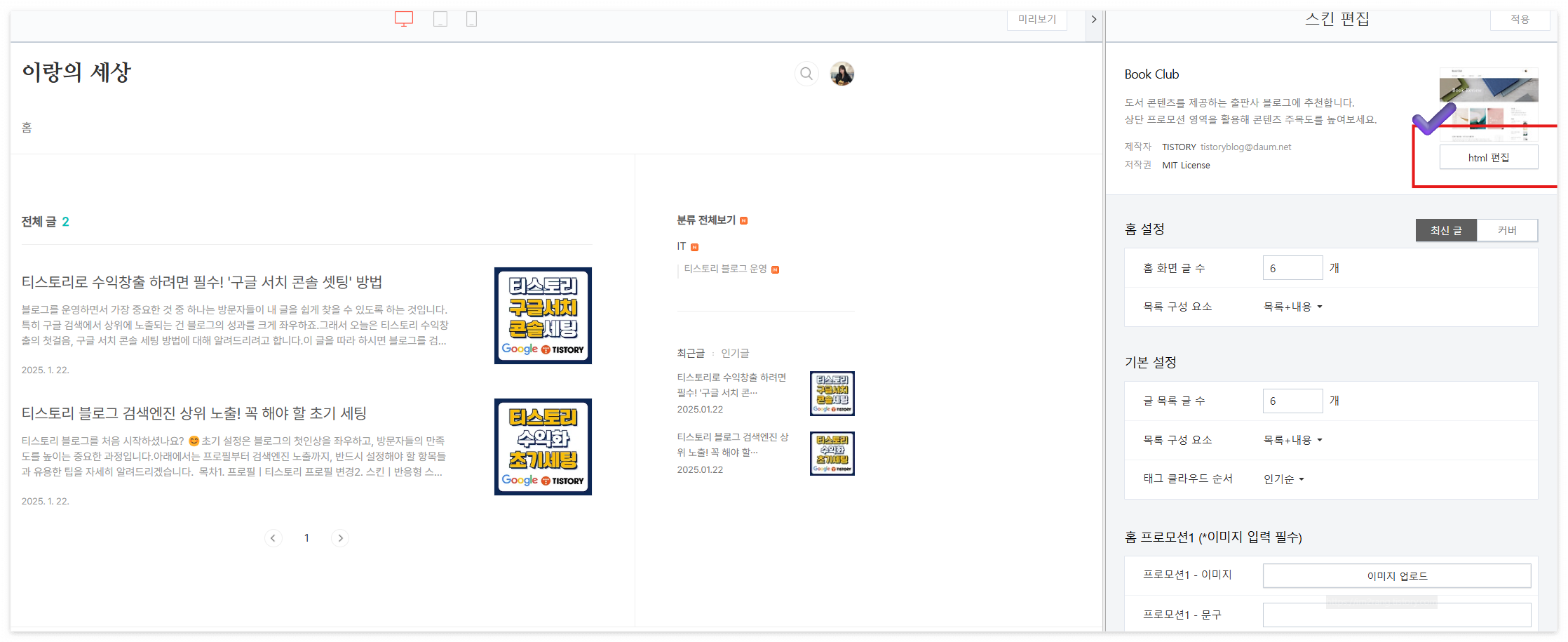 <티스토리 스킨 편집 화면>