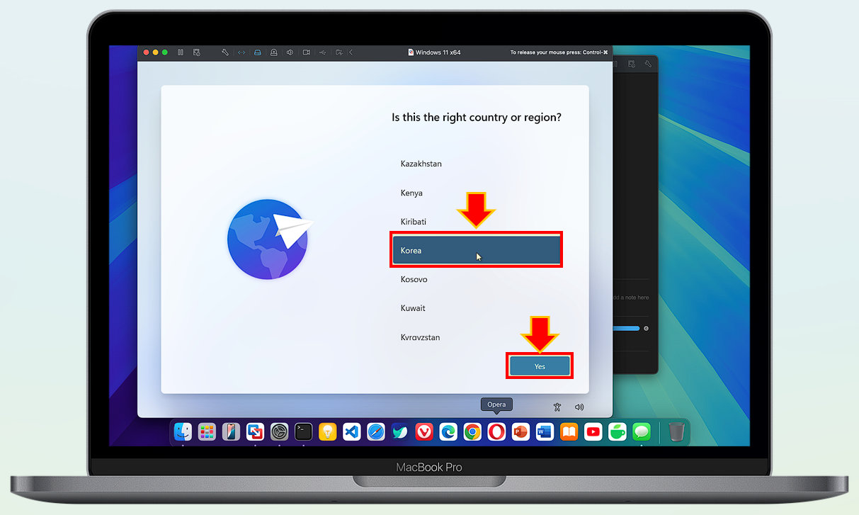 Korea 선택 후 "Yes" 버튼을 선택하세요.