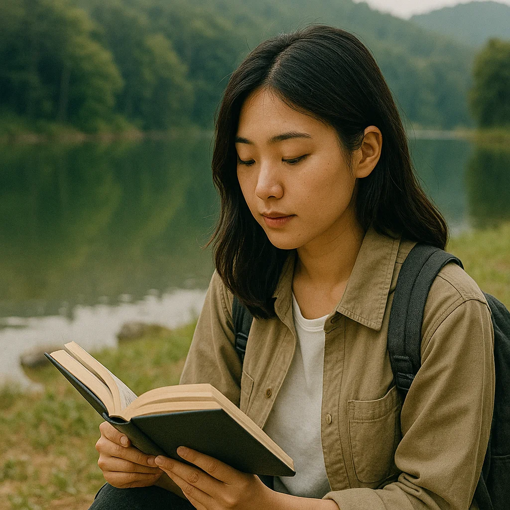 a Korean traveler reading a book alone in a peaceful nature setting