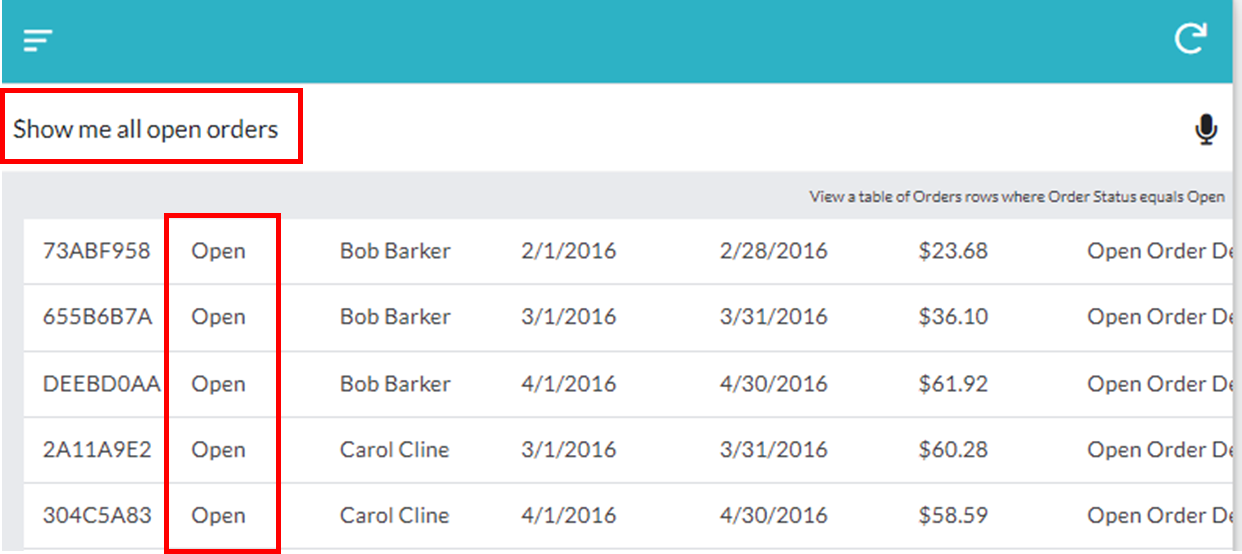 Smart Assistat 를 작동하여 "Show me all open orders" 검색 결과 (Enum 형 항목의 데이터 조회)