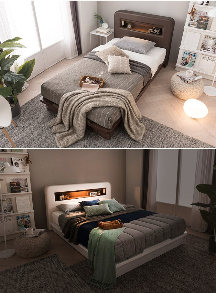  가구야 카인 가죽 LED + 220V 평상형 침대 협 + 7존 케미컬 라텍스탑 셀프 포켓 매트리스 세트 방문설치