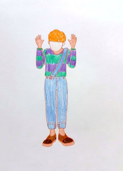  양 손을 들고 놀라는 인물