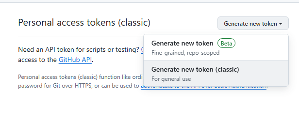 &quot;Generate new token (classic)&quot; 버튼