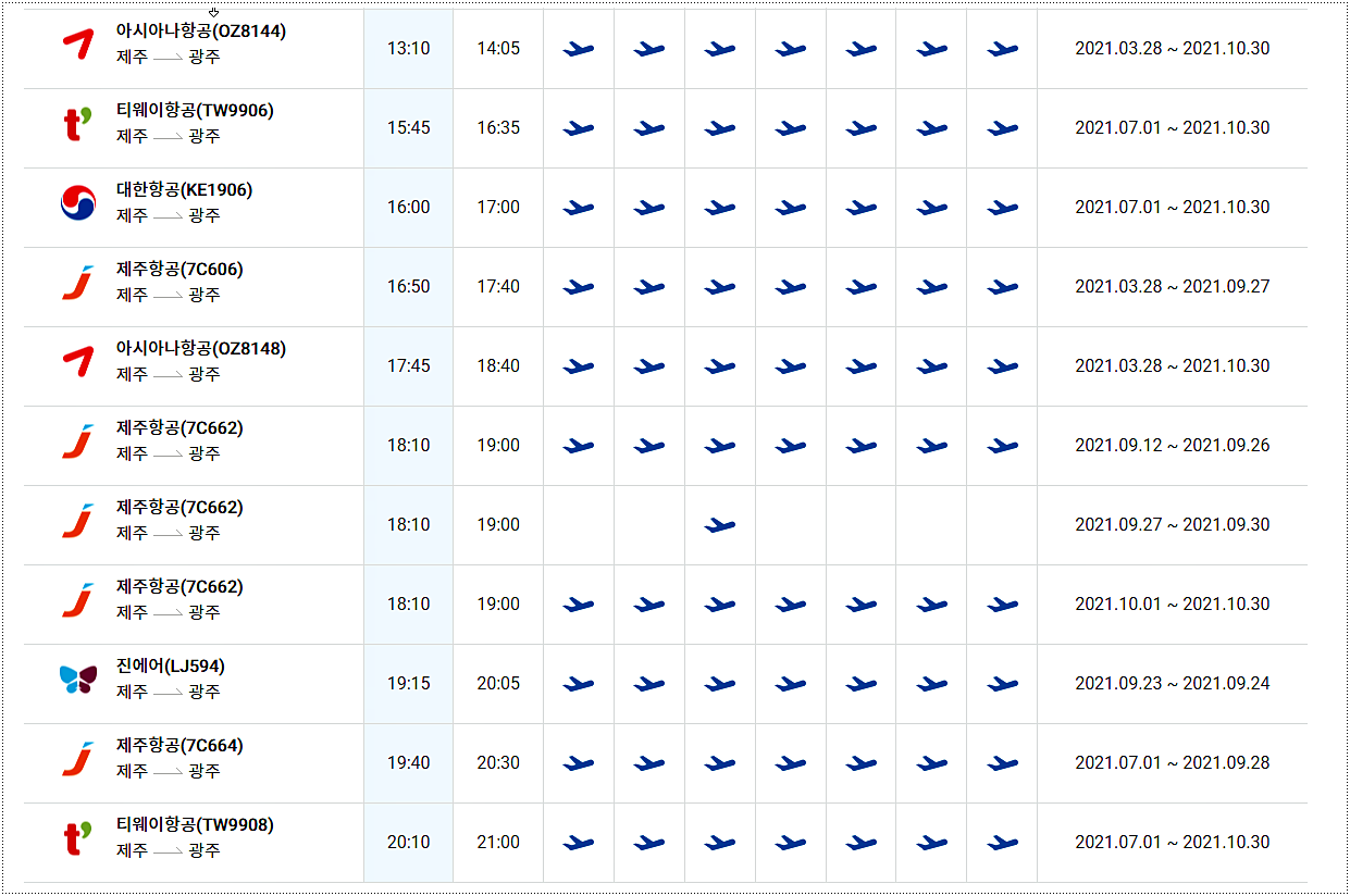 광주 제주 비행기 시간표