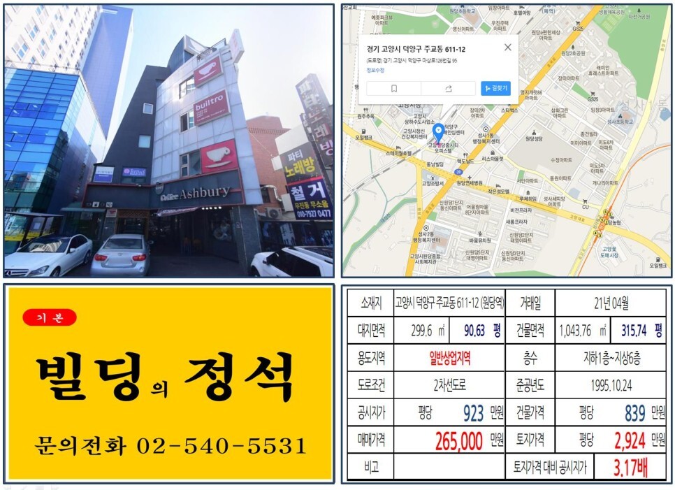  [고양시 덕양구 고양시청 꼬마빌딩 20억 올근빌딩 실거래가 조회] 주교동 611-12 (원당역) 26억 5,000만 원, 평당 2,924만 원 매매되었습니다. 원당 4구역 재개발