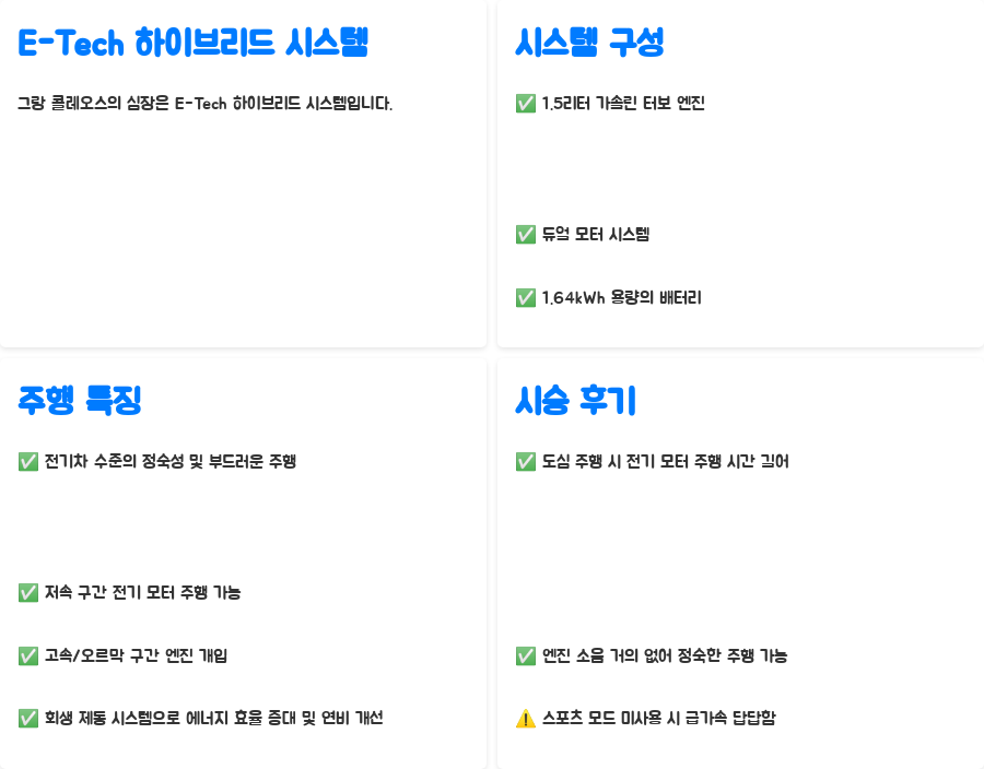 그랑 콜레오스 시승 후기, 놀라운 진실과 숨겨진 단점! - E-Tech 하이브리드 시스템의 매력 그랑 콜레오스 시승 후기, 놀라운 진실과 숨겨진 단점! - E-Tech 하이브리드 시스템의 매력