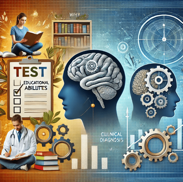 인지 능력 테스트의 목적을 설명하고 교육 평가 , 임상 진단 및 개인 개발을 강조하는 이미지