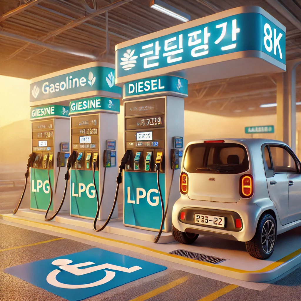 장애인 차량 근처 한국 주유소의 휘발유&amp;#44; 경유&amp;#44; LPG 주유기 모습