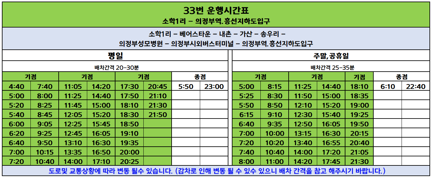 33번 버스 시간표, 의정부역, 내촌, 송우리, 가산, 베어스타운, 의정부 성모병원, 의정부 시외버스터미널