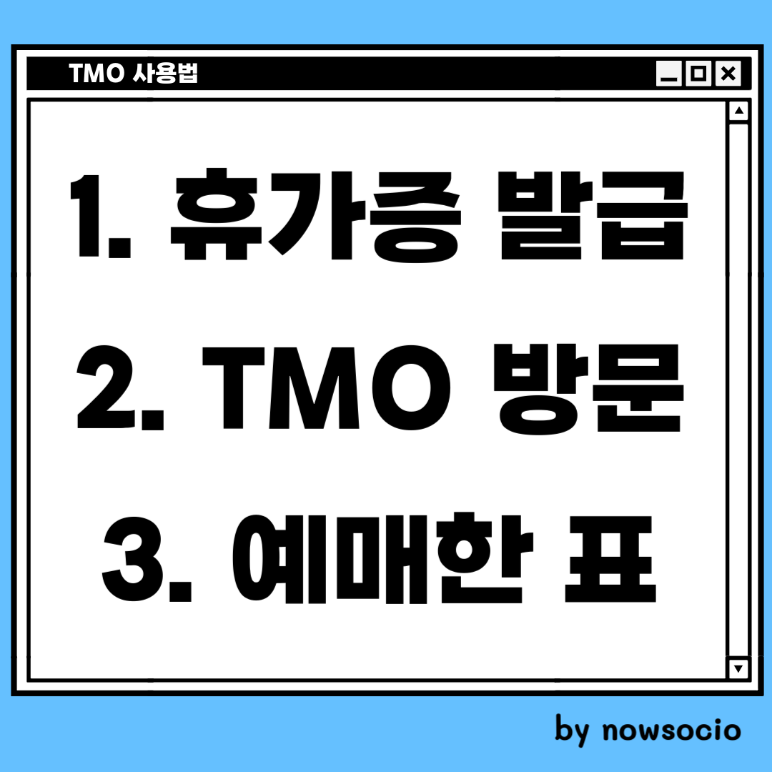 TMO 사용법. 1. 휴가증 발급. 2. TMO 방문. 3. 예매한 표 확인 by nowsocio