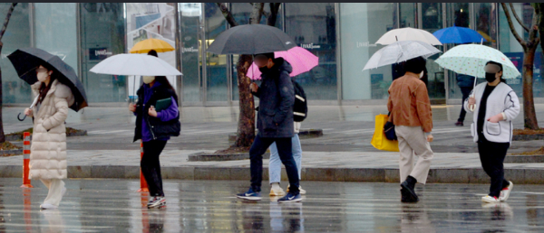 알트태그-우산을 쓴 사람들이 길을 건너고 있다