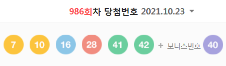  986회차 로또 당첨번호 (1등 당첨자는 10명으로 당첨금은 23억 7527만 원)