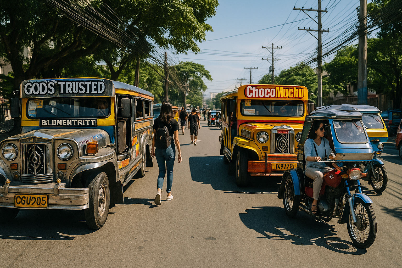 A lively scene of jeepney and tricycles on the streets of Manila
