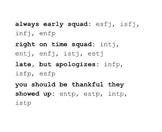  MBTI 유형 중 약속시간을 제일 안지키는 유형은?