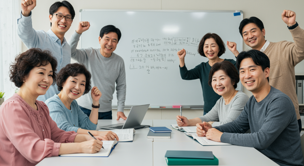다양한 연령대의 사람들이 밝은 교실에서 요양보호사 교육을 받으며 웃고 있는 모습