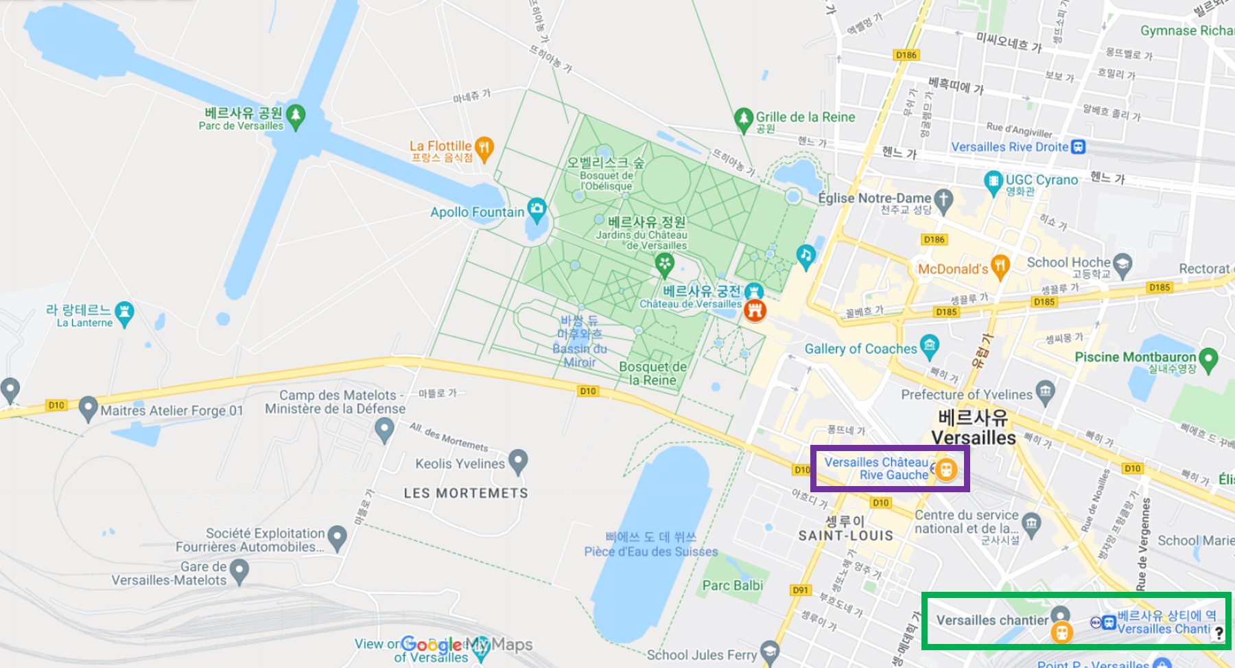 Versailles-chantier역-Versailles-Ch&acirc;teau-Rive Gauche역-베르사유-어느정도-거리-보여주는-지도