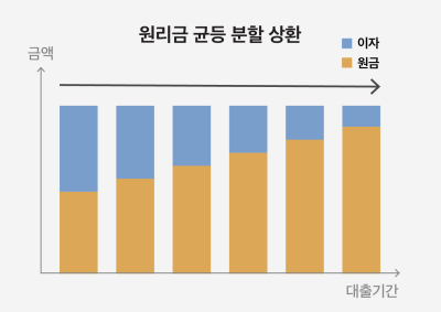 사진은 대출원금과 이자를 합친 원리금 균등 상환방식으로 이자는 완납될떄까지 동일한 금액을 보여주느 그래프이다.