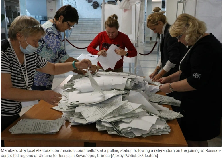  우크라이나 내 러시아 점령지 영토편입 절차 및 주민투표 가결 VIDEO: Russia poised to annex 4 Ukraine regions after ‘sham’ referendum