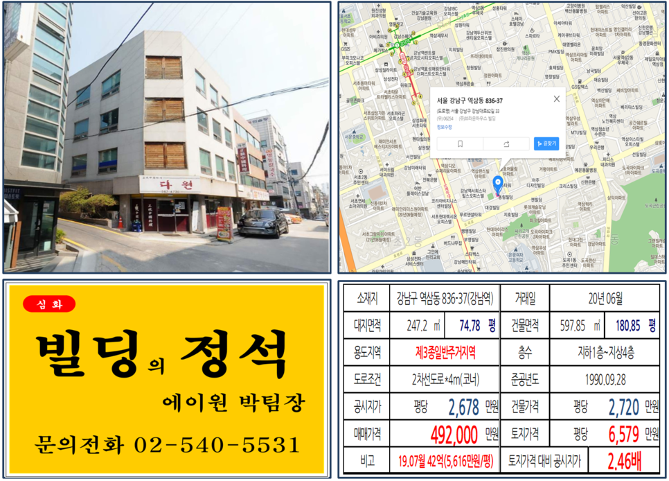  [강남구 뱅뱅사거리 코너빌딩 실거래가 조회] 역삼동 836-37 (강남역) 49.2억 원, 평당 6,579만 원, 강남 40억 꼬마빌딩, 강남대로 이면 코너빌딩, 올근생빌딩