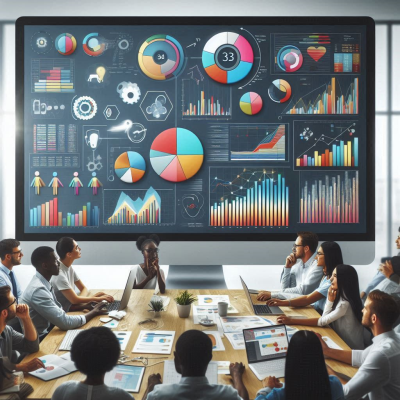 여러 사람들이 데이터 분석 대시보드를 보고 있는 모습.