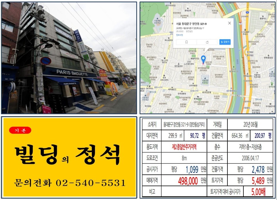  [동대문구 면목선 경전철 40억 꼬마빌딩 실거래가 조회] 장안동 321-9 (장안동삼거리) 49.8억 원, 평당 5,489만 원 매매되었습니다. 파리바게트, 올근생 꼬마빌딩